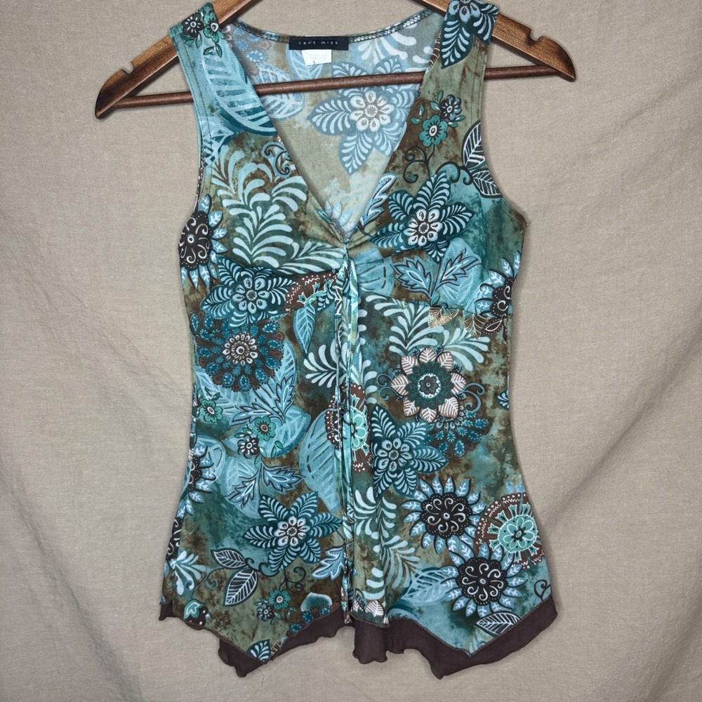 Y2K Whimsy Fairy Teal Brown Floral Handkerchief Hem Tie Front Boho Tank Top L